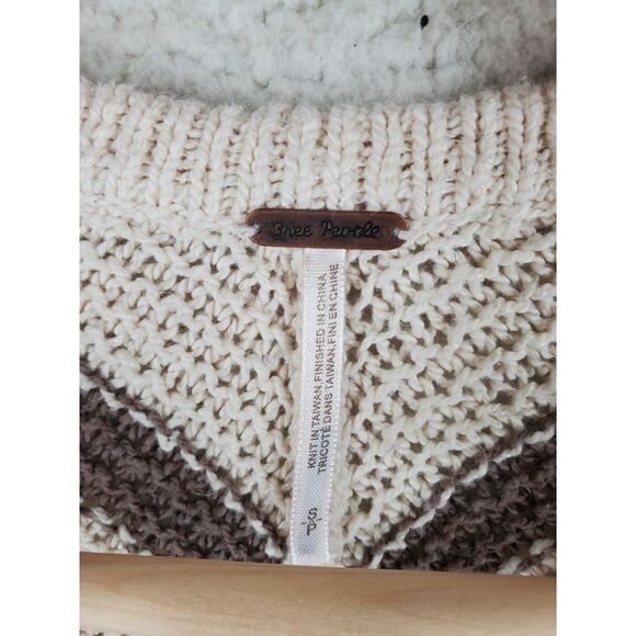 Free People Knit Cardigan Sweater sz S Beige Brown Striped Oversize V-Neck - Picture 3 of 13